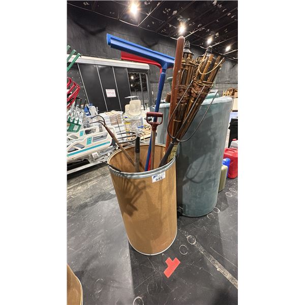 CARDBOARD BARREL OF TIKI TORCHES, PITCHFORKS & SQUEEGEES