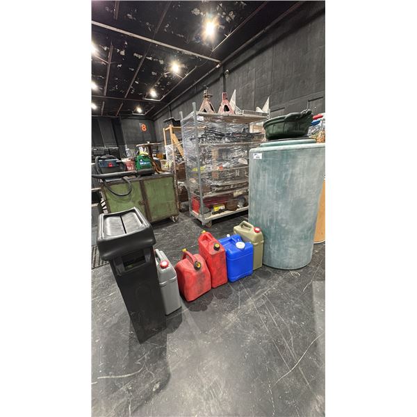 LARGE PLASTIC STORAGE BARREL, OIL PAN, GARBAGE CAN & ASSORTED GAS CANS