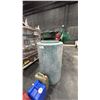 Image 2 : LARGE PLASTIC STORAGE BARREL, OIL PAN, GARBAGE CAN & ASSORTED GAS CANS