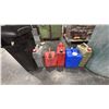 Image 3 : LARGE PLASTIC STORAGE BARREL, OIL PAN, GARBAGE CAN & ASSORTED GAS CANS