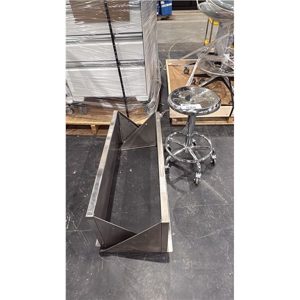 2 STAINLESS STEEL WALL MOUNT SHELVES & SMALL MOBILE STOOL