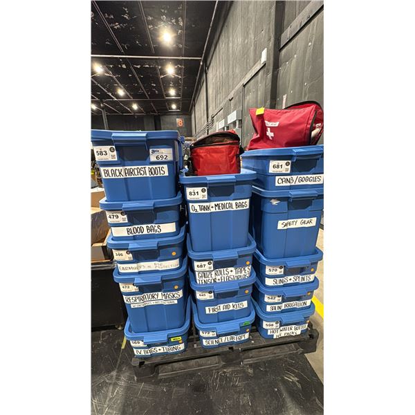 PALLET OF SET DEC HOSPITAL ITEMS - MASKS, AIRCAST BOOTS, BLOODBAGS, GAUZE AND MORE