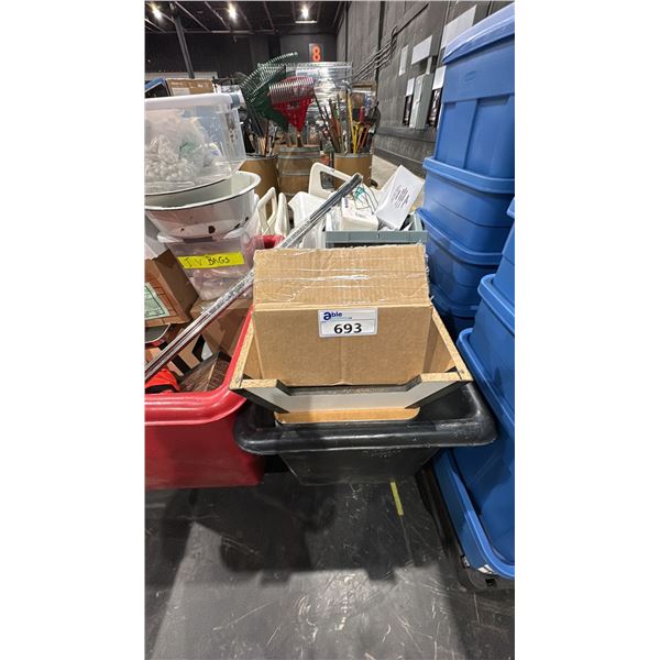 CONTENTS OF ROLLING BIN - STOOL, BANDAGES, EMPTY PEROXIDE JUGS AND MORE