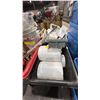 Image 2 : CONTENTS OF ROLLING BIN - STOOL, BANDAGES, EMPTY PEROXIDE JUGS AND MORE