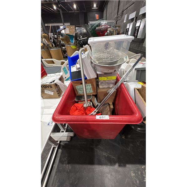 CONTENTS OF ROLLING BIN - IV BAGS, STOOL, GLOVES, SHOWER SAFETY BAR AND MORE