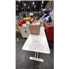 Image 1 : 2 ROLLING TABLES, BOX OF DISPOSABLE BIOHAZARD GEAR AND BOX OF IV BAGS