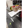 Image 2 : 2 ROLLING TABLES, BOX OF DISPOSABLE BIOHAZARD GEAR AND BOX OF IV BAGS