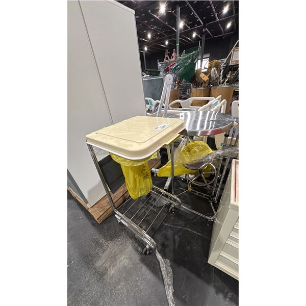 2 BIOHAZARD CARTS, ROLLING METAL STOOL AND ADJUSTABLE RING LAMP