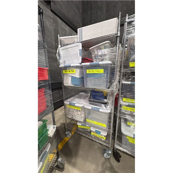 CONTENTS OF ROLLING RACK - SET DEC PILL BOTTLES, BLOOD BAG TRAYS AND OTHER HOSPITAL SET DEC ITEMS