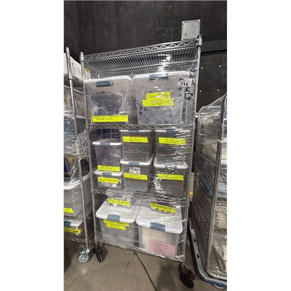 CONTENTS OF ROLLING RACK - PLASTIC BOTTLES, SET DEC PILL BOTTLES, LAB GLASS AND MORE