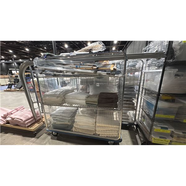 CONTENTS OF ROLLING RACK - HOSPITAL BEDSHEETS AND BLANKETS AND ASSORTED CRUTCHES