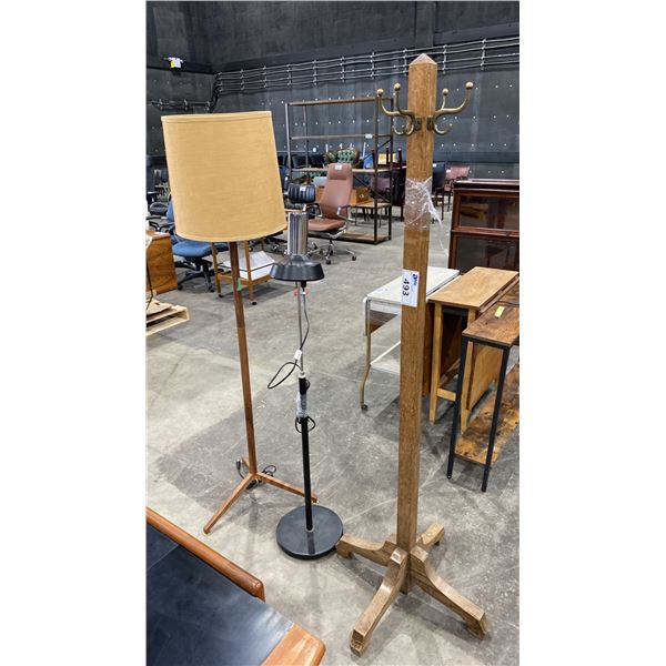 ANTIQUE OAK COAT TREE AND 2 FLOOR LAMPS