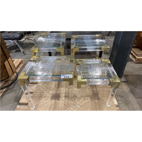 GROUP OF 4 BRASS & LUCITE GLASS TOP END TABLES