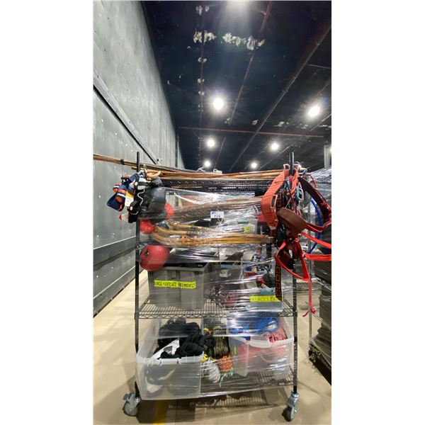 CONTENTS OF RACK- EXERCISE EQUIPMENT, ASSORTED ROPE, HELMETS, SNOWSHOES, MMA EQUIPMENT, BOXING