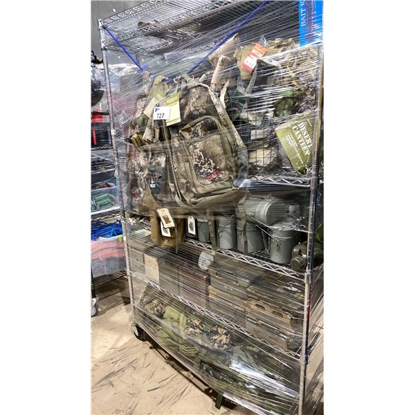 METAL MOBILE RACK WITH ASSORTED ARMY ITEMS- BAGS, AMMO CASES, WATER CANTEENS, GAS CANS & MORE