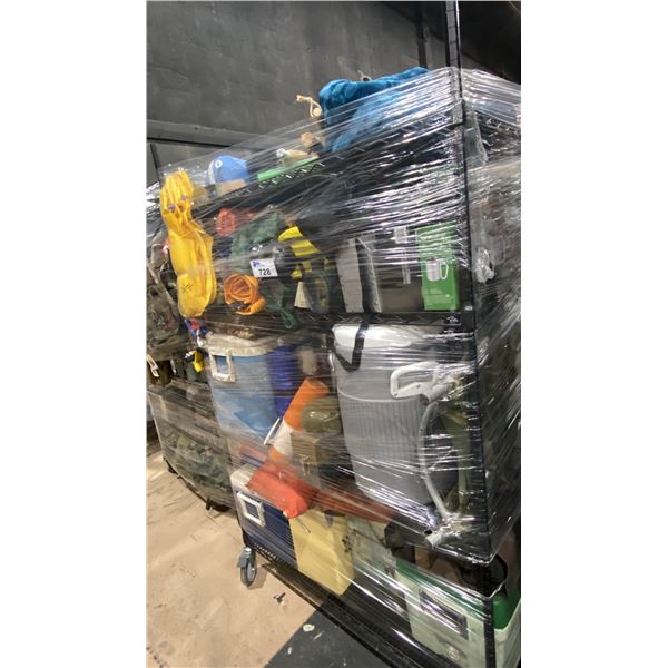 CONTENTS OF ENTIRE RACK- ASSORTED CAMPING GEAR & LIFE JACKETS *RACK NOT INCLUDED*