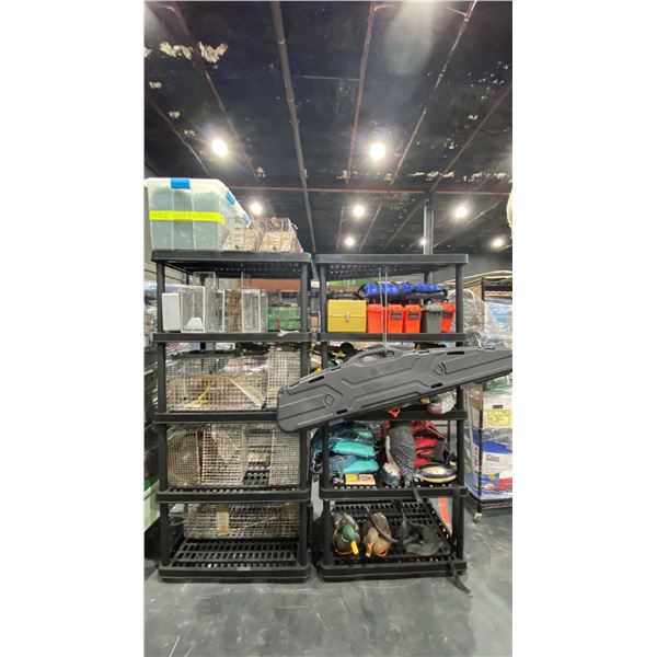 2 BLACK SHELVING UNITS WITH LIVE ANIMAL TRAPS, DECOY DUCKS, AMMO BOXES, LIFE JACKETS, BOAT