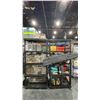 Image 1 : 2 BLACK SHELVING UNITS WITH LIVE ANIMAL TRAPS, DECOY DUCKS, AMMO BOXES, LIFE JACKETS, BOAT