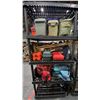Image 2 : 2 BLACK SHELVING UNITS WITH LIVE ANIMAL TRAPS, DECOY DUCKS, AMMO BOXES, LIFE JACKETS, BOAT