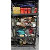 Image 4 : 2 BLACK SHELVING UNITS WITH LIVE ANIMAL TRAPS, DECOY DUCKS, AMMO BOXES, LIFE JACKETS, BOAT