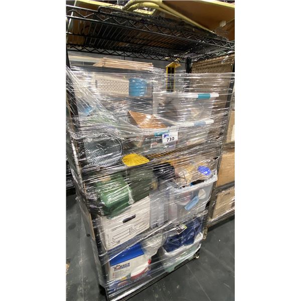 METAL MOBILE RACK WITH ASSORTED FISHING GEAR, RIGGING KITS, LIFE VESTS. BULLET CASINGS, FISHING