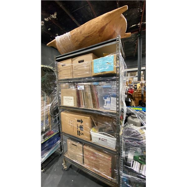 MOBILE RACK WITH ASSORTED RECORDS, NETWORK CABLES, PHONE CHARGERS, CURTAIN HARDWARE, ELECTRONIC