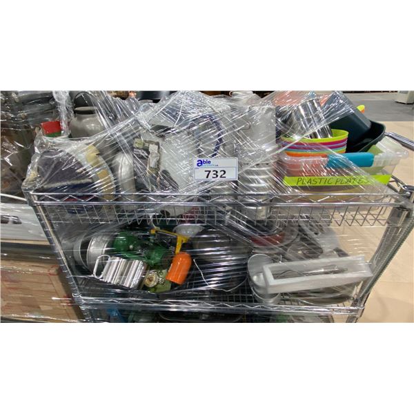 METAL MOBILE CART WITH ASSORTED CAMPING GEAR- LANTERNS, DISHES, WATER CANTEENS, BUG SUIT, ELECTRIC