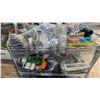 Image 1 : METAL MOBILE CART WITH ASSORTED CAMPING GEAR- LANTERNS, DISHES, WATER CANTEENS, BUG SUIT, ELECTRIC