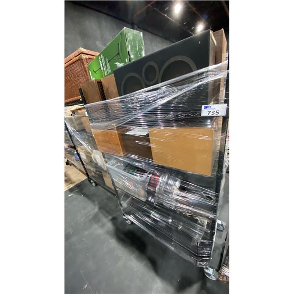 CONTENTS OF ROLLING RACK - ASSORTED DRUMS, SPEAKERS & MICROPHONES