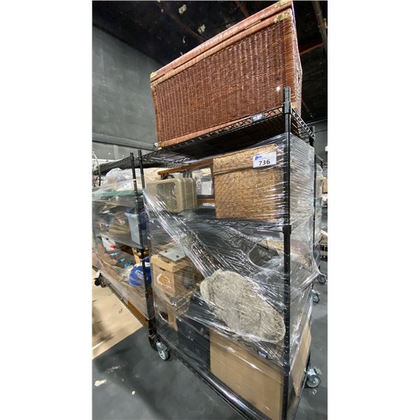 CONTENTS OF ROLLING RACK - ASSORTED BASKETS, SHELVES AND HOME DECOR