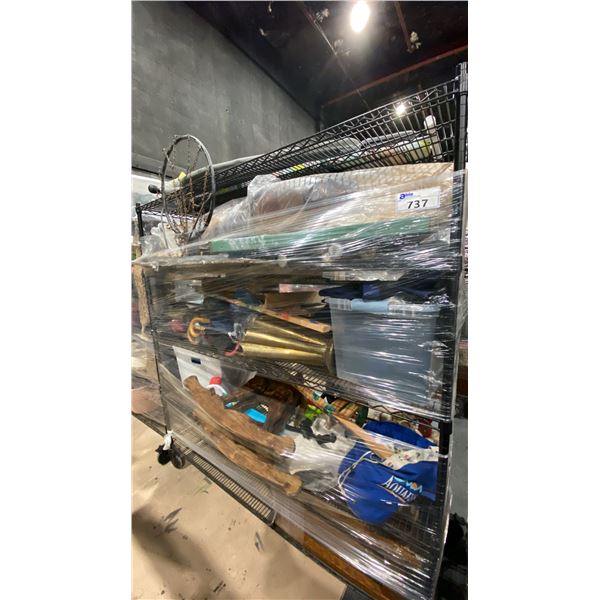 CONTENTS OF ROLLING RACK - ROCKING HORSE, UMBRELLA STAND, ASSORTED HOME DECOR AND SPORTS GEAR