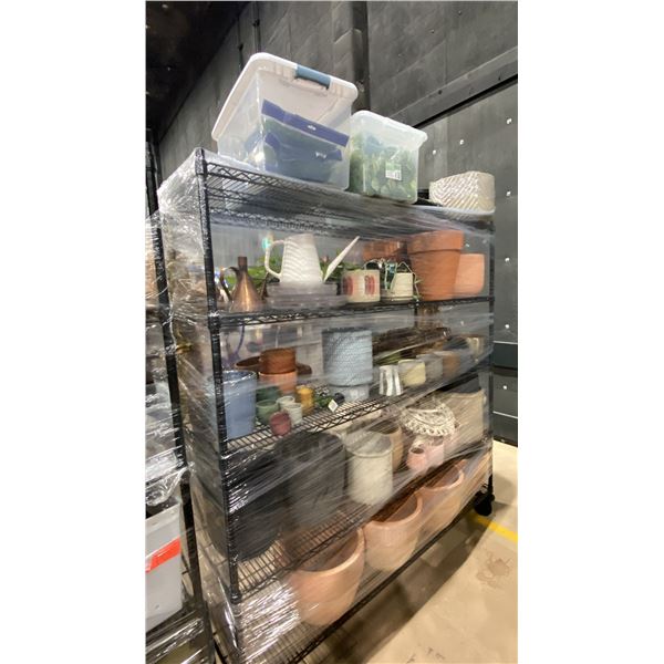 CONTENTS OF ROLLING RACK - ASSORTED PLANT POTS AND FAUX PLANTS