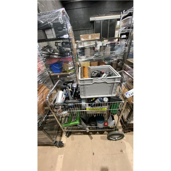 WIRE CART WITH ASSORTED HAND TOOLS AND CAMPING GEAR