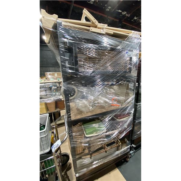 CONTENTS OF ROLLING RACK - GLASS BOTTLES AND CAMPING GEAR