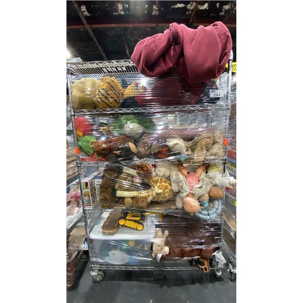 MOBILE RACK WITH ASSORTED TOYS, STUFFED ANIMALS, DOLLS STUFFIES & MORE