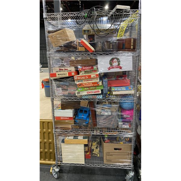 MOBILE RACK OF ASSORTED TOYS, GAMES, DOLLS & MORE