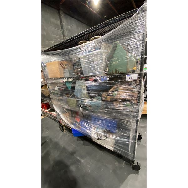 CONTENTS OF RACK- ASSORTED TOOLS, PARTS, BINS, CABLE, LIGHTS, TOOL BAGS & MORE