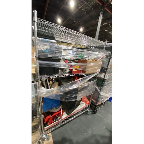 MOBILE RACK OF ASSORTED ITEMS- TOOLS, TOOL BOXES, SHELVING KIT, CLAMPS, BIKE RIMS & MORE