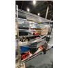 Image 1 : MOBILE RACK OF ASSORTED ITEMS- TOOLS, TOOL BOXES, SHELVING KIT, CLAMPS, BIKE RIMS & MORE
