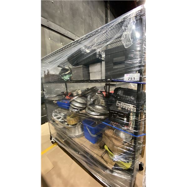CONTENTS OF ROLLING RACK - TOOLBOXES, HUBCAPS, RIMS AND MORE