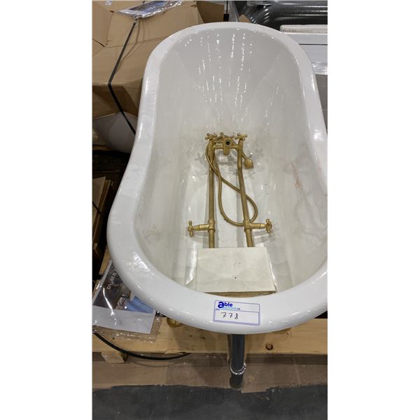 WHITE HIGH BACK FREESTANDING BATHTUB WITH GOLD FEET