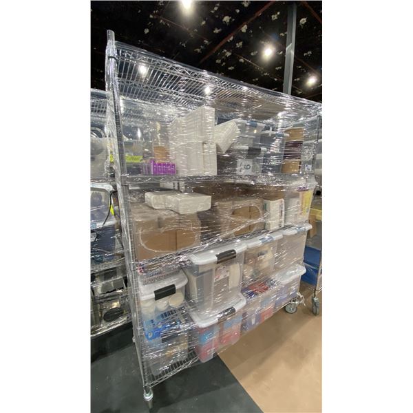 ROLLING RACK WITH ASSORTED NAPKINS, COFFEE FILTERS, STRAWS AND MORE