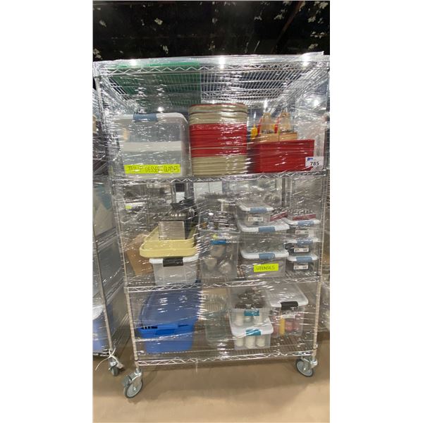 ROLLING RACK WITH ASSORTED SALT AND PEPPER SHAKERS, DESERT GLASSES, DINER TRAYS AND MORE