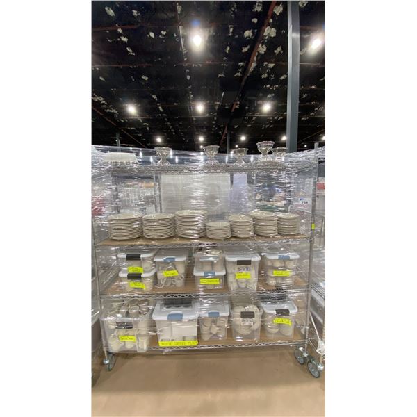 ROLLING RACK WITH ASSORTED DISHWARE