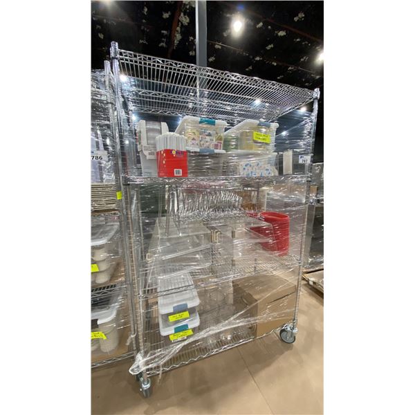 ROLLING RACK WITH ASSORTED DINER TRAYS, DISPLAY CABINETS, NAPKIN DISPENSERS AND MORE