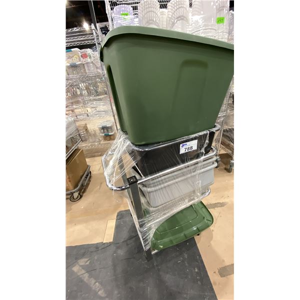 ROLLING METAL CART WITH PLASTIC BINS