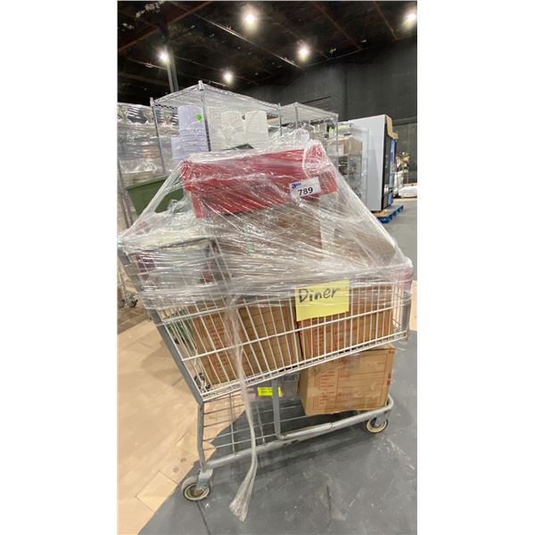 SHOPPING CART WITH DISH RACKS, SUGAR, DINER TRAYS AND MORE DINER RELATED ITEMS