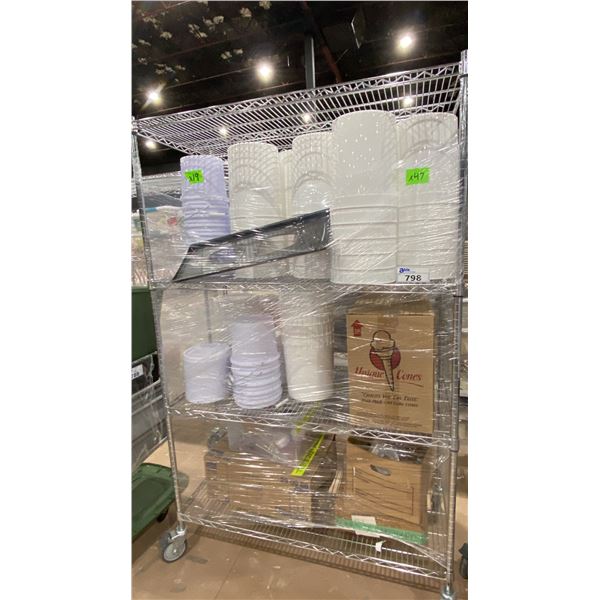 ROLLING RACK WITH ASSORTED SPRINKLES, PAPER TOWELS AND ICE CREAM BUCKETS