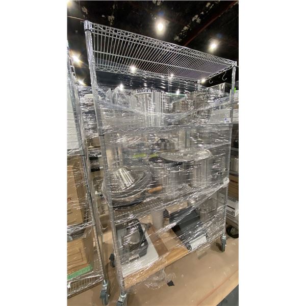 ROLLING RACK WITH ASSORTED STOCK POTS, CHEESE GRATERS, AND COOKWARE
