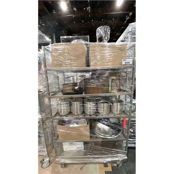 ROLLING RACK WITH ASSORTED COLANDERS, ICE BUCKETS, COFFEE MAKER AND OTHER DINER RELATED ITEMS
